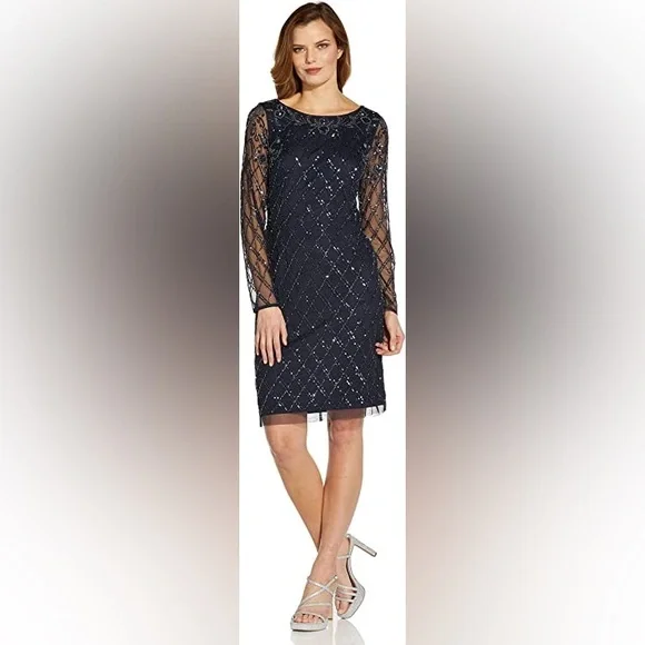 Adrianna Papell Embellished Sheath Dress - Midnight - Size 2